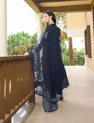 Navy-blue embroidered art silk stitched straight cut trouser kurta & dupatta  5
