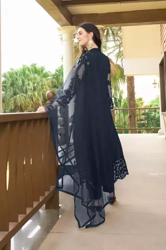 Navy-blue embroidered art silk stitched straight cut trouser kurta & dupatta 