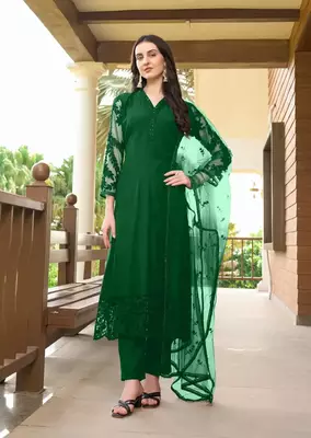 Green embroidered art silk stitched straight cut trouser kurta & dupatta  1