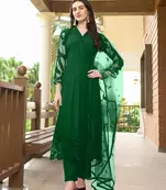 Green embroidered art silk stitched straight cut trouser kurta & dupatta 