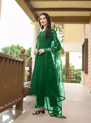 Green embroidered art silk stitched straight cut trouser kurta & dupatta  3