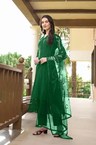 Green embroidered art silk stitched straight cut trouser kurta & dupatta 