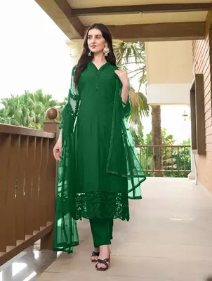 Green embroidered art silk stitched straight cut trouser kurta & dupatta  4