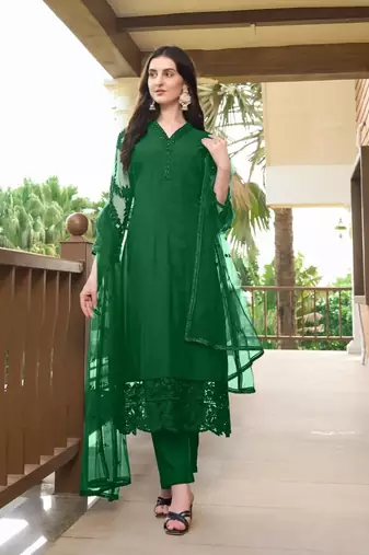 Green embroidered art silk stitched straight cut trouser kurta & dupatta 