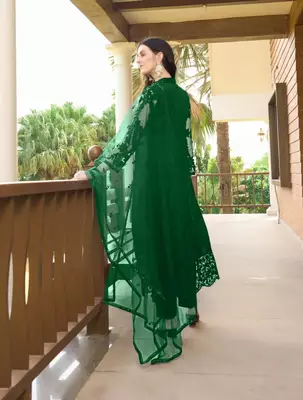 Green embroidered art silk stitched straight cut trouser kurta & dupatta  5