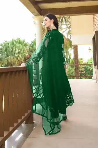 Green embroidered art silk stitched straight cut trouser kurta & dupatta 