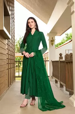 Green embroidered art silk stitched anarkali trouser kurta & dupatta  1