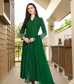 Green embroidered art silk stitched anarkali trouser kurta & dupatta 