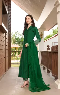 Green embroidered art silk stitched anarkali trouser kurta & dupatta  3