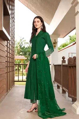Green embroidered art silk stitched anarkali trouser kurta & dupatta 