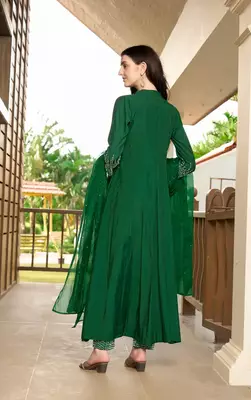 Green embroidered art silk stitched anarkali trouser kurta & dupatta  4