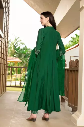 Green embroidered art silk stitched anarkali trouser kurta & dupatta 