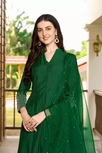 Green embroidered art silk stitched anarkali trouser kurta & dupatta 