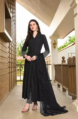 Black embroidered art silk stitched anarkali trouser kurta & dupatta  1