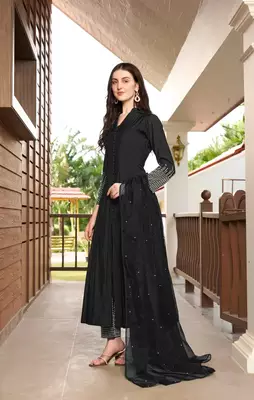 Black embroidered art silk stitched anarkali trouser kurta & dupatta  3