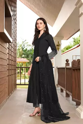 Black embroidered art silk stitched anarkali trouser kurta & dupatta 