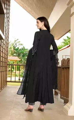 Black embroidered art silk stitched anarkali trouser kurta & dupatta  4