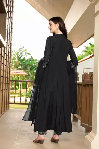 Black embroidered art silk stitched anarkali trouser kurta & dupatta 