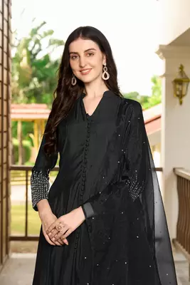 Black embroidered art silk stitched anarkali trouser kurta & dupatta  5