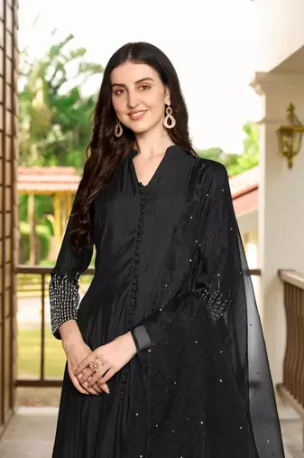 Black embroidered art silk stitched anarkali trouser kurta & dupatta 