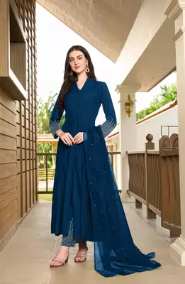 Blue embroidered art silk stitched anarkali trouser kurta & dupatta  1