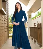 Blue embroidered art silk stitched anarkali trouser kurta & dupatta 