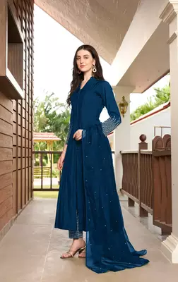Blue embroidered art silk stitched anarkali trouser kurta & dupatta  3