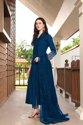 Blue embroidered art silk stitched anarkali trouser kurta & dupatta 