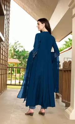 Blue embroidered art silk stitched anarkali trouser kurta & dupatta  4
