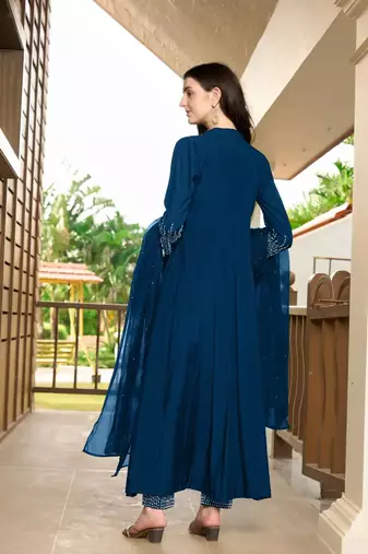 Blue embroidered art silk stitched anarkali trouser kurta & dupatta 