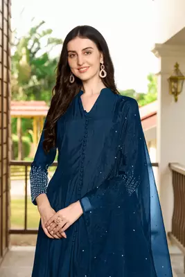Blue embroidered art silk stitched anarkali trouser kurta & dupatta  5