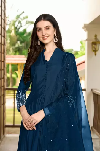 Blue embroidered art silk stitched anarkali trouser kurta & dupatta 