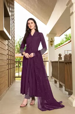 Violet embroidered art silk stitched anarkali trouser kurta & dupatta  1