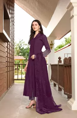 Violet embroidered art silk stitched anarkali trouser kurta & dupatta  3