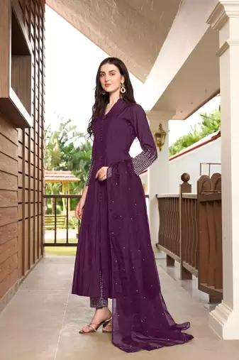 Violet embroidered art silk stitched anarkali trouser kurta & dupatta 