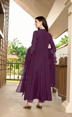 Violet embroidered art silk stitched anarkali trouser kurta & dupatta  4