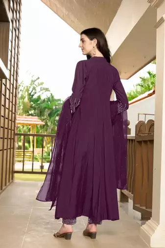 Violet embroidered art silk stitched anarkali trouser kurta & dupatta 