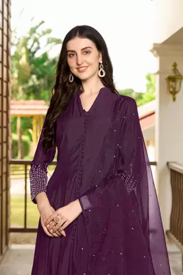 Violet embroidered art silk stitched anarkali trouser kurta & dupatta  5