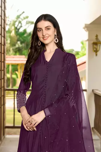 Violet embroidered art silk stitched anarkali trouser kurta & dupatta 