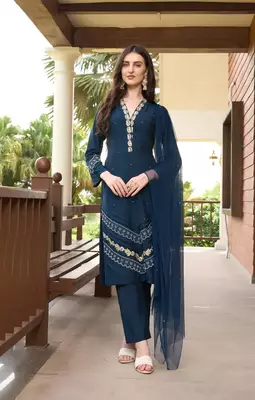 Dark-blue embroidered art silk stitched straight cut  trouser kurta & dupatta  1
