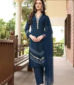 Dark-blue embroidered art silk stitched straight cut  trouser kurta & dupatta 