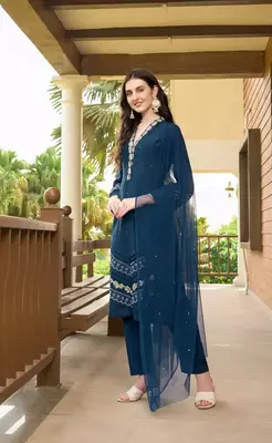 Dark-blue embroidered art silk stitched straight cut  trouser kurta & dupatta  3