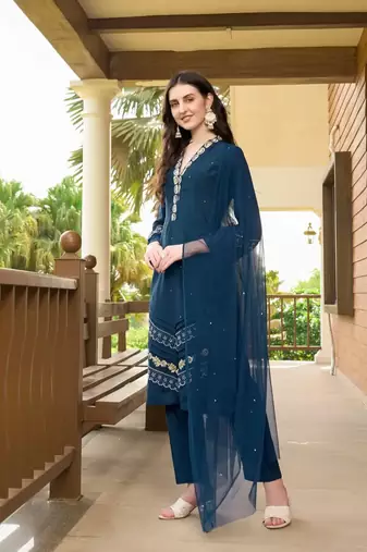 Dark-blue embroidered art silk stitched straight cut  trouser kurta & dupatta 