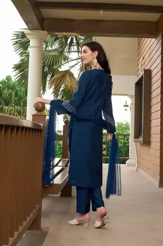 Dark-blue embroidered art silk stitched straight cut  trouser kurta & dupatta 