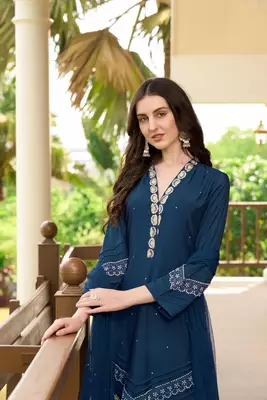 Dark-blue embroidered art silk stitched straight cut  trouser kurta & dupatta  5