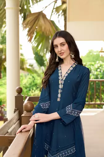 Dark-blue embroidered art silk stitched straight cut  trouser kurta & dupatta 