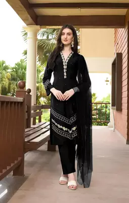 Black embroidered art silk stitched straight cut  trouser kurta & dupatta  1