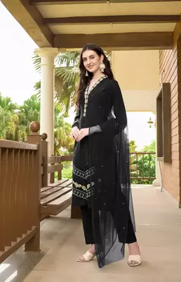 Black embroidered art silk stitched straight cut  trouser kurta & dupatta  3