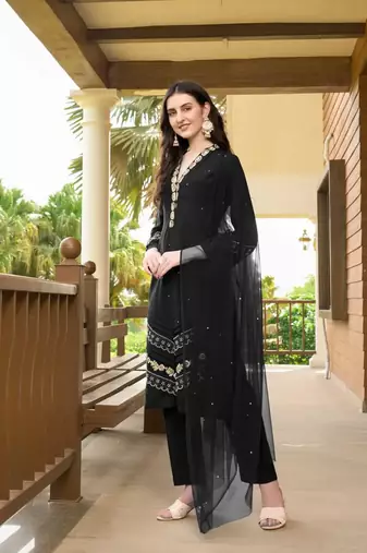 Black embroidered art silk stitched straight cut  trouser kurta & dupatta 