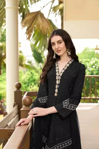 Black embroidered art silk stitched straight cut  trouser kurta & dupatta 